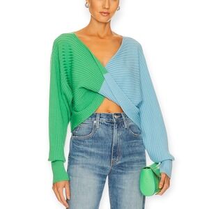 AMUR‎ Color Block Merino Wool Cropped Sweater Blue Green Ribbed Knit Orig. $289